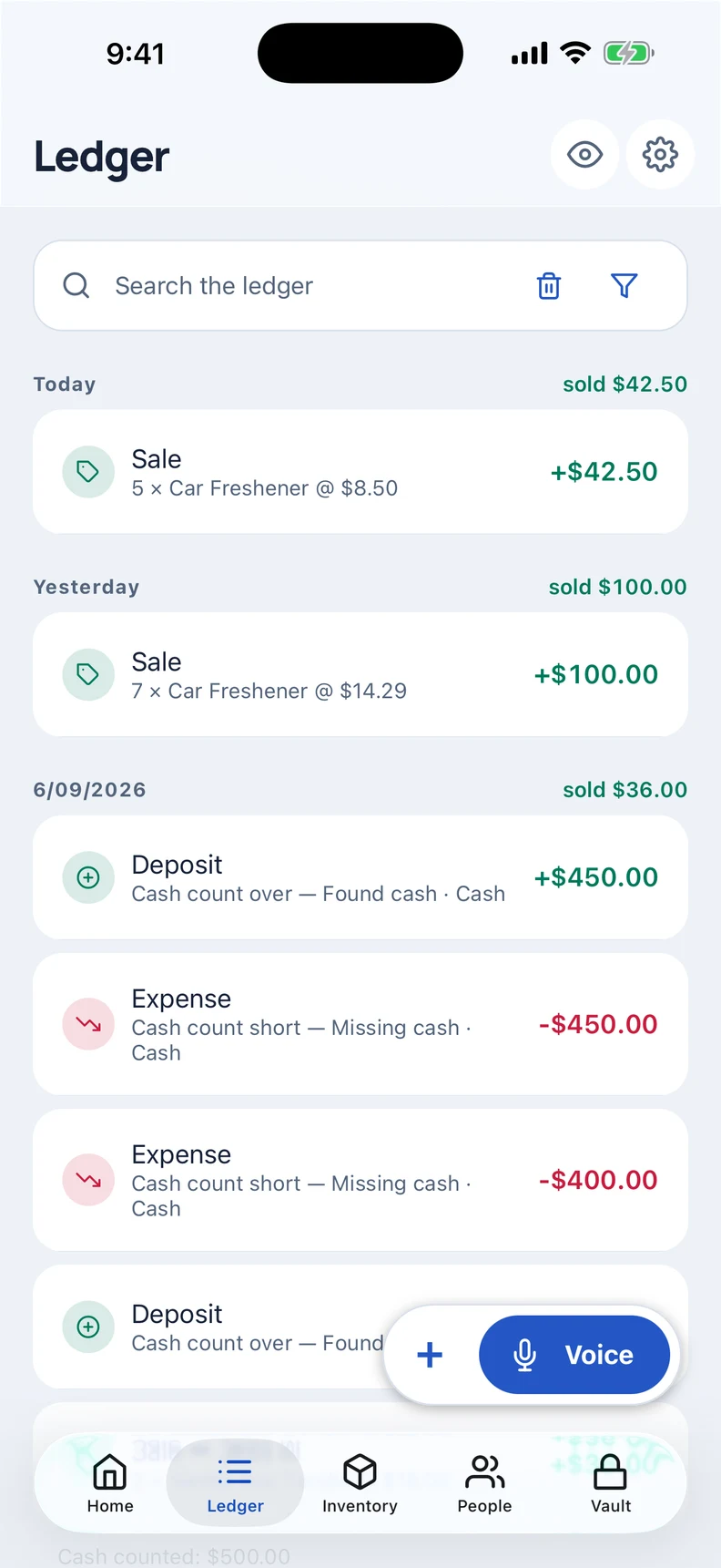 Redesigned Stashwise Ledger showing dated sales and expenses with demo data.